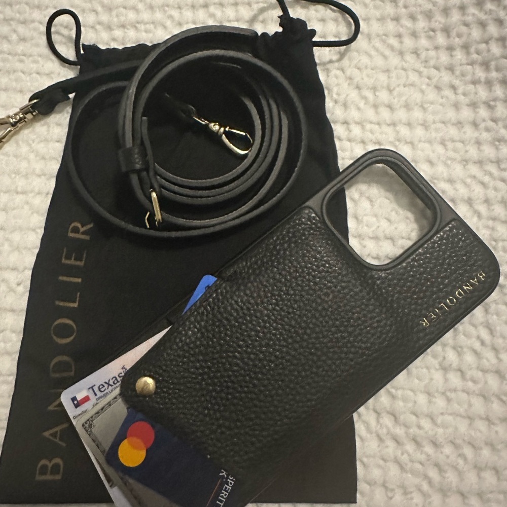 Bandolier crossbody iPhone 14 Pro Max phone wallet genuine black pebble leather